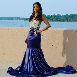 Beaded Midnight Blue Prom Dress